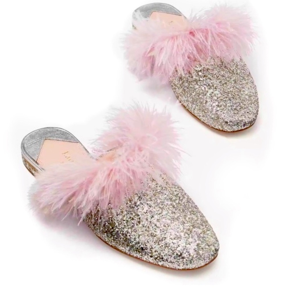 ❄️ SALE! ❄️ Kate Spade Marabou Slide - Silver Glitter + Pink Feather - Sz 8